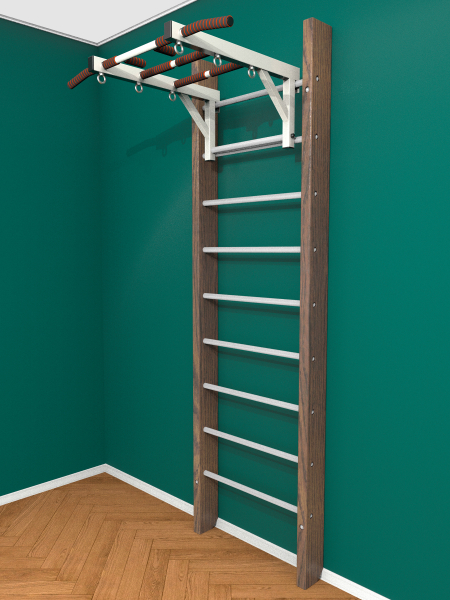 Брашированная шведская стенка "Кастерли" Classic с турником (Белые ступени)