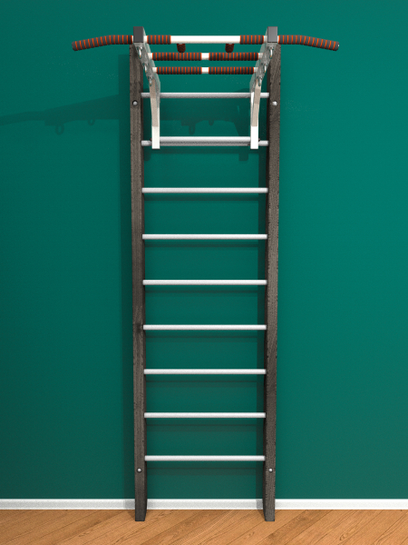 Брашированная шведская стенка "Кастерли" Black с турником (Белые ступени)