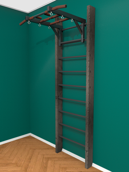 Брашированная шведская стенка "Кастерли" Black с турником (Черные ступени)